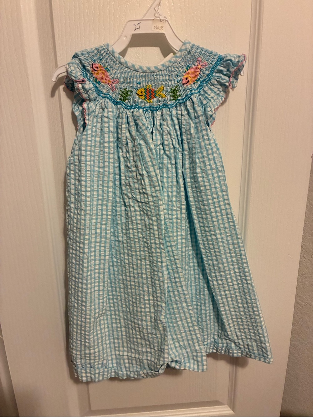 Smocked Light Blue Seersucker Kids Dress with Fish Embroidery